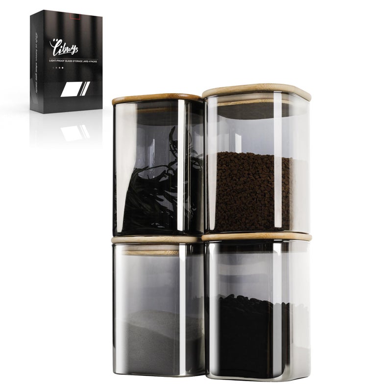 LIBWYS 4-Pack Anti-UV Square Glass Storage Jars with Bamboo Lids (1.22Qt) - Light Resistant Containers (LRC) for Pantry Organization, Coffee Beans, Loose Tea, Sugar, Pet Food | Kitchen Canisters Set - Image 1