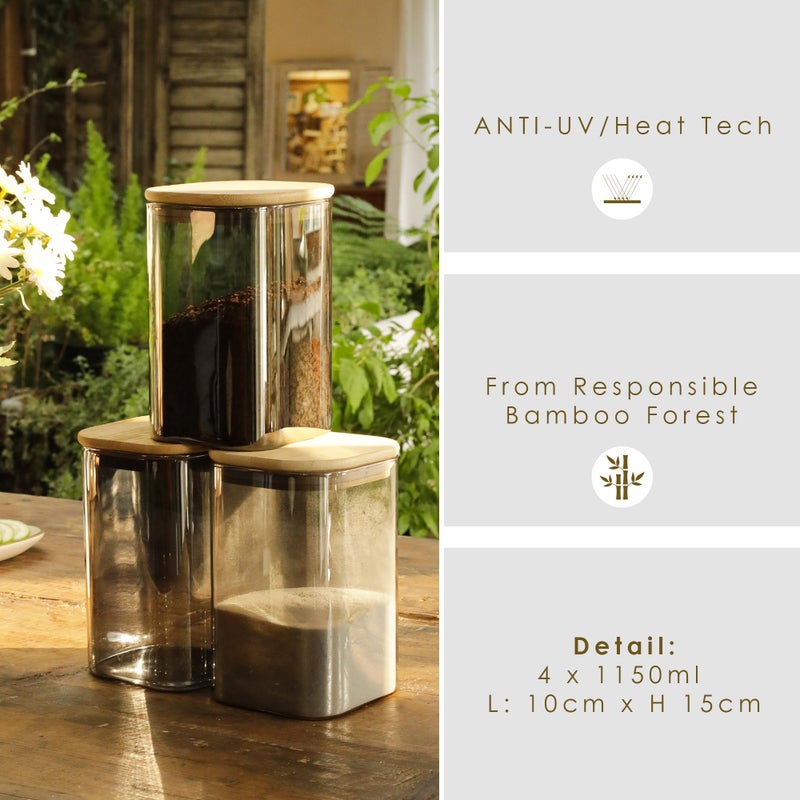 LIBWYS 4-Pack Anti-UV Square Glass Storage Jars with Bamboo Lids (1.22Qt) - Light Resistant Containers (LRC) for Pantry Organization, Coffee Beans, Loose Tea, Sugar, Pet Food | Kitchen Canisters Set - Image 2