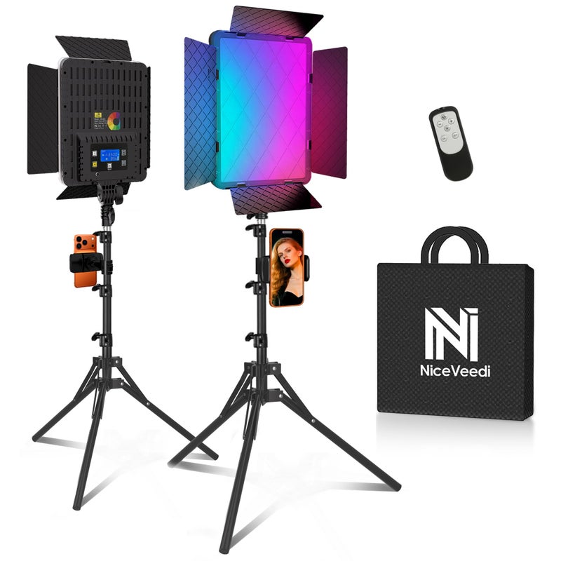 NiceVeedi 2-Pack RGB Photography Lighting with 20 Effects, 40W/360Â° Full Color/2700-6500K Studio Lights with Remote & Display, Video Light for Video Recording/Photography/Streaming/YouTube/TikTok - Image 1