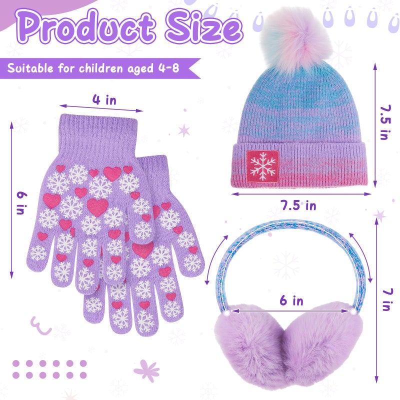 Jamntower 3 Pcs Kids Winter Hat with Pom Pom and Earmuffs Gloves Set for Girls Boys Gifts, Beanie with Warm Fleece Lined(Purple,Snowflake) - Image 2