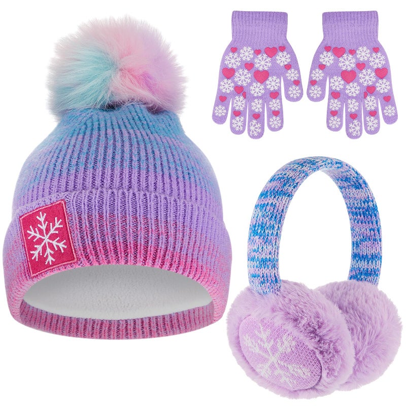 Jamntower 3 Pcs Kids Winter Hat with Pom Pom and Earmuffs Gloves Set for Girls Boys Gifts, Beanie with Warm Fleece Lined(Purple,Snowflake) - Image 1