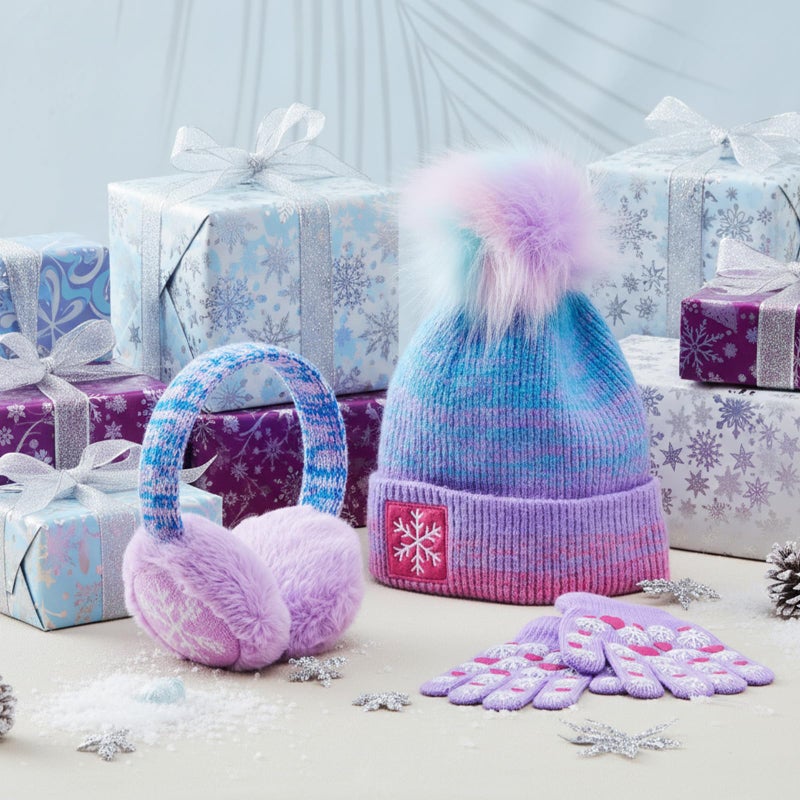 Jamntower 3 Pcs Kids Winter Hat with Pom Pom and Earmuffs Gloves Set for Girls Boys Gifts, Beanie with Warm Fleece Lined(Purple,Snowflake) - Image 5