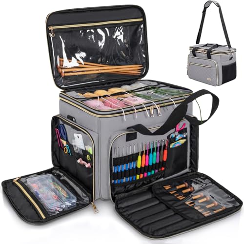 FREEAMG Knitting Bag Yarn Storage Tote Large Crochet Organizer Bag Yarn Holder Case for Knitting Needles Knitting Project Bag with Inner Divider for Crochet Hooks Knitting Accessories Grey - Image 1