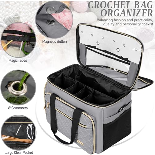 FREEAMG Knitting Bag Yarn Storage Tote Large Crochet Organizer Bag Yarn Holder Case for Knitting Needles Knitting Project Bag with Inner Divider for Crochet Hooks Knitting Accessories Grey - Image 3