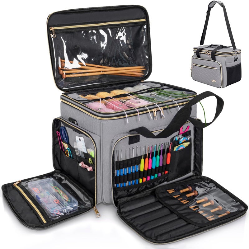FREEAMG Knitting Bag Yarn Storage Tote Large Crochet Organizer Bag Yarn Holder Case for Knitting Needles Knitting Project Bag with Inner Divider for Crochet Hooks Knitting Accessories Grey - Image 2