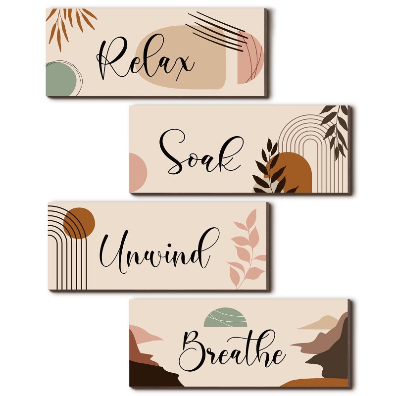 Yulejo 4 Pcs Boho Bathroom Decor Relax Soak Unwind Breathe Sign Bathroom Wall Arts Decor Wooden Rustic Farmhouse Paintings for Home Washroom 984 x 394 Inch