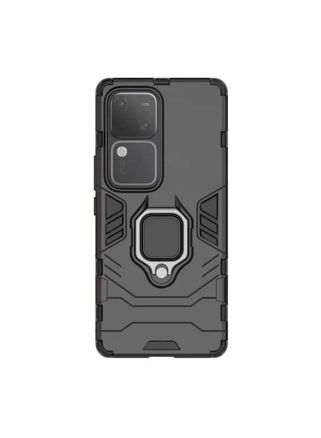 جراب حامل حلقة الإصبع لهاتف VIVO V30 5G من Armor Hybrid مضاد للصدمات من البلاستيك الصلب مع حامل (أسود) - Image 1