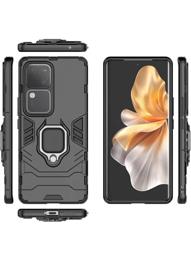 جراب حامل حلقة الإصبع لهاتف VIVO V30 5G من Armor Hybrid مضاد للصدمات من البلاستيك الصلب مع حامل (أسود) - Image 2