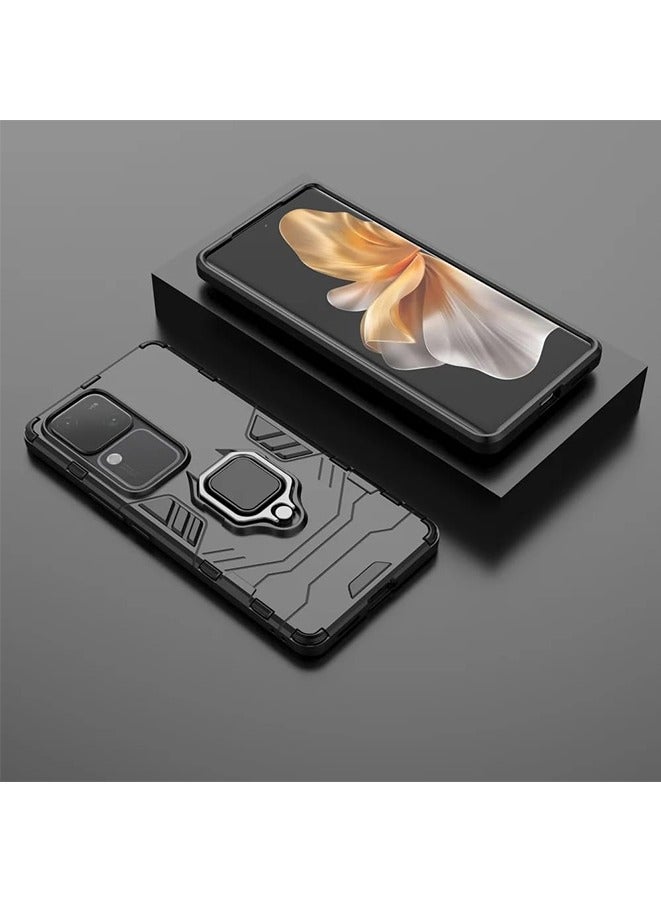 جراب حامل حلقة الإصبع لهاتف VIVO V30 5G من Armor Hybrid مضاد للصدمات من البلاستيك الصلب مع حامل (أسود) - Image 4