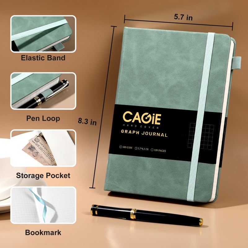 CAGIE Graph Paper Notebook- 320 Pages 100 GSM Graphing Grid Journal A5 Hardcover Leather Quad Ruled Notebooks for Engineering, Math, Work, Green - Image 5