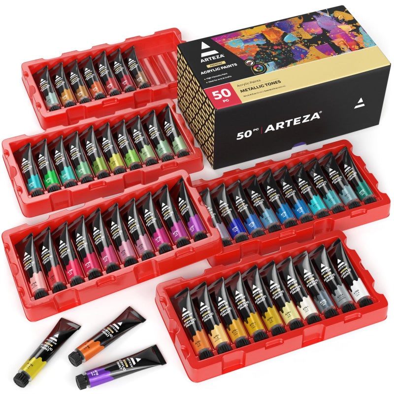 ARTEZA Acrylic Paint Sampler Set, 50 Metallic Colour (12ml) - Image 1