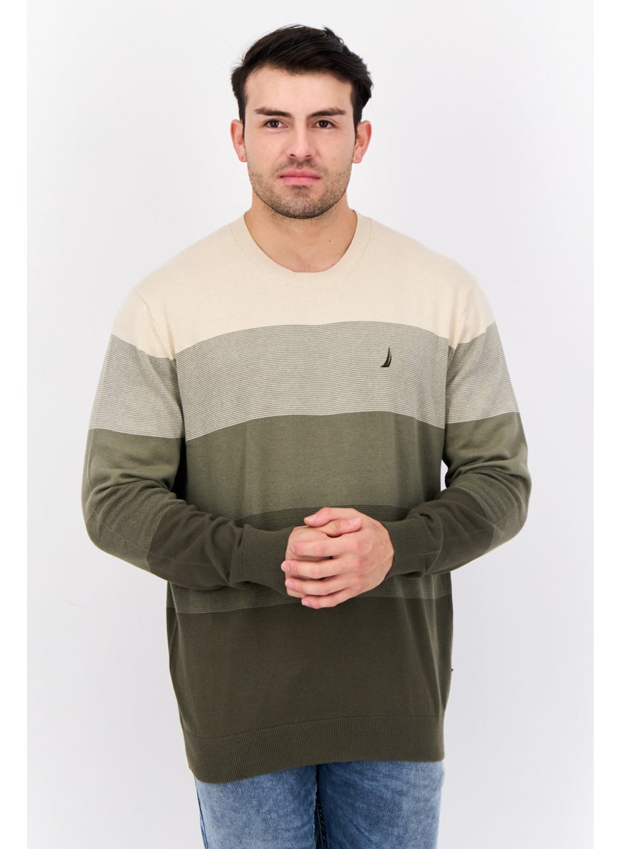 NAUTICA Men Crew Neck Colorblock Logo Sweater, Beige/Olive  - Image 1