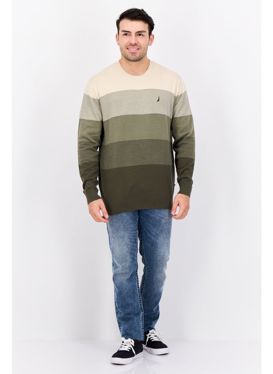 NAUTICA Men Crew Neck Colorblock Logo Sweater, Beige/Olive  - Image 4
