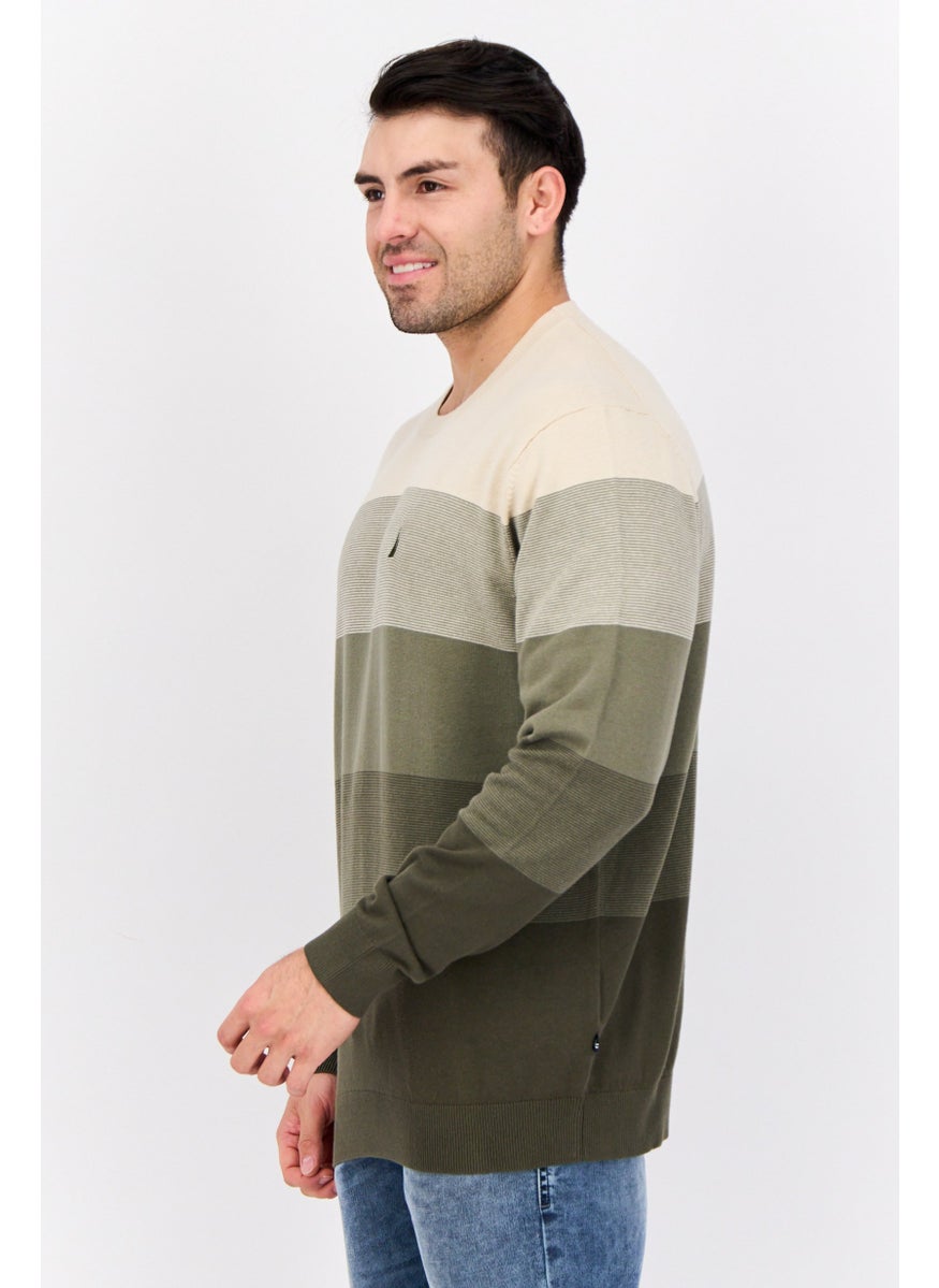 NAUTICA Men Crew Neck Colorblock Logo Sweater, Beige/Olive  - Image 2