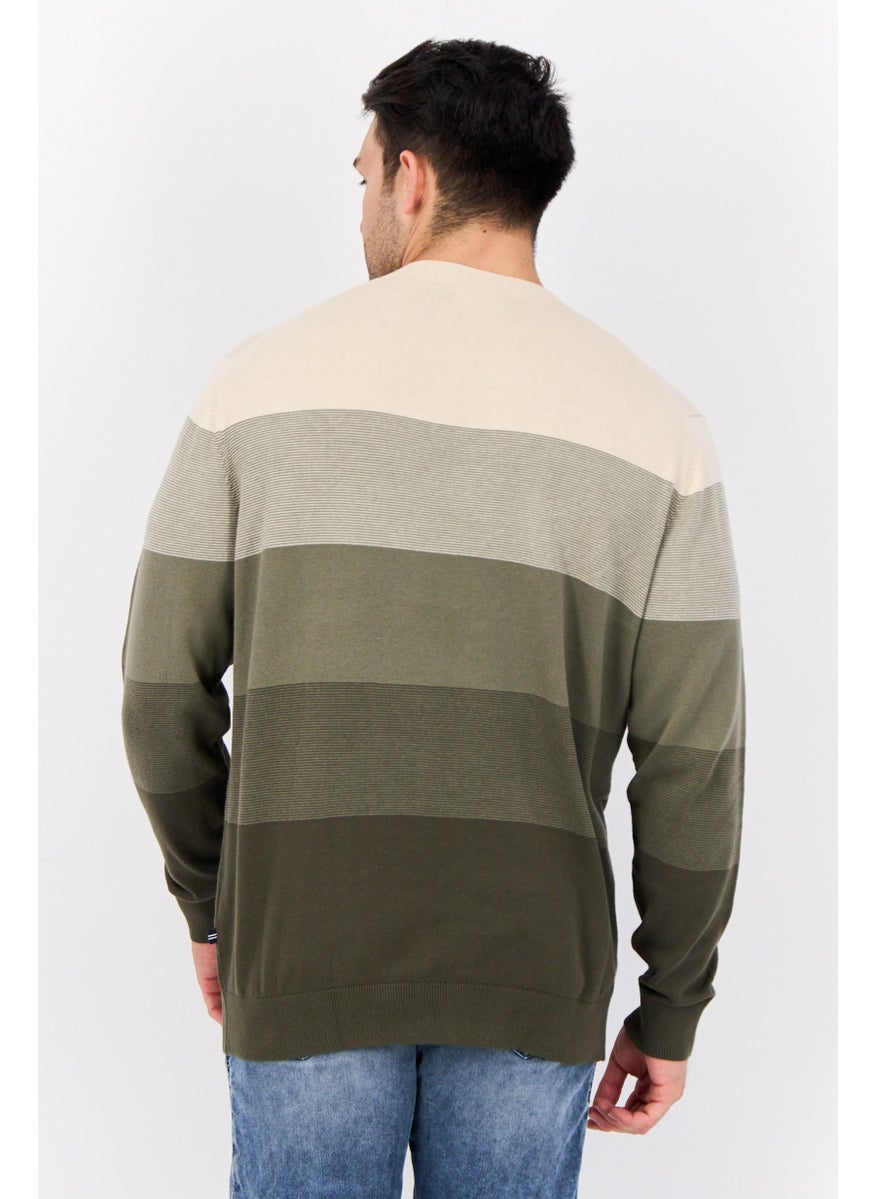 NAUTICA Men Crew Neck Colorblock Logo Sweater, Beige/Olive  - Image 3