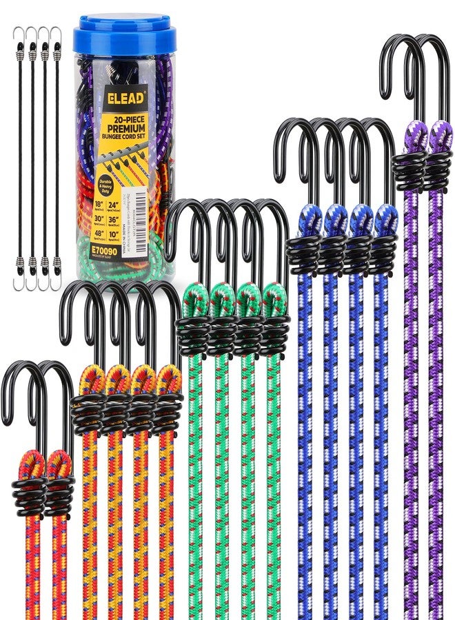 ELEAD Bungee Cords Heavy Duty Outdoor: 20 Pcs Premium Rubber Bungee Cords with Hooks in a Storage Jar Includes 10", 18", 24", 30", 36", 48" Bungee Cord for Camping, Tent, Fastening Items - Image 1