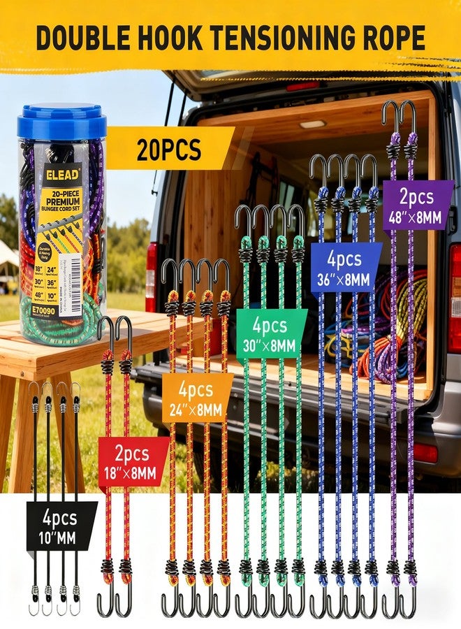 ELEAD Bungee Cords Heavy Duty Outdoor: 20 Pcs Premium Rubber Bungee Cords with Hooks in a Storage Jar Includes 10", 18", 24", 30", 36", 48" Bungee Cord for Camping, Tent, Fastening Items - Image 2