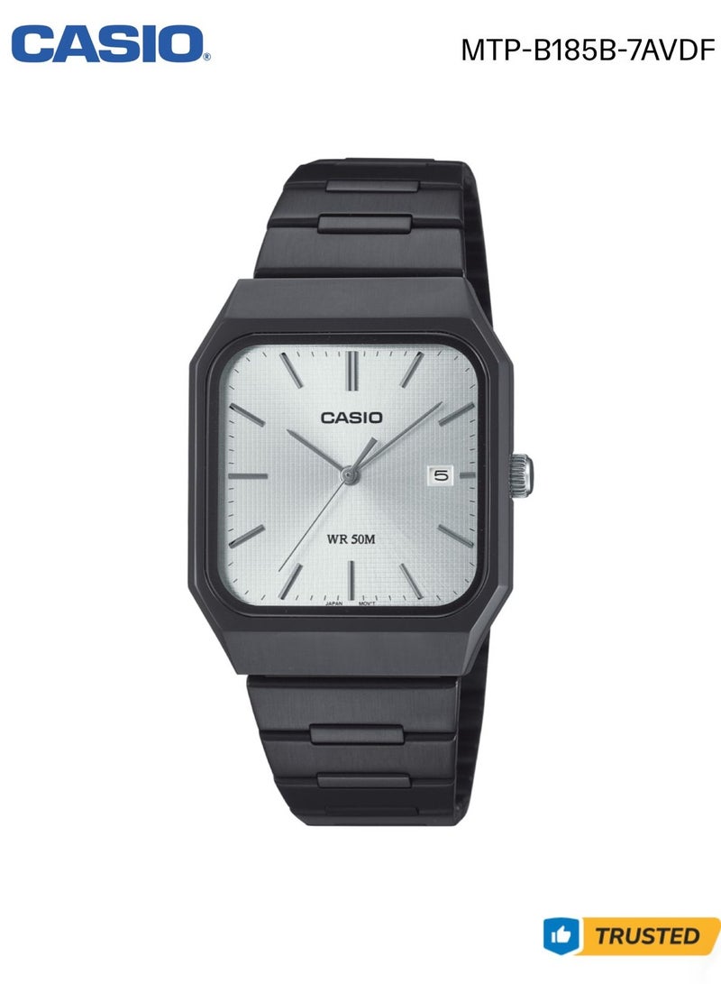 Casio MTP‑B185B‑7AVDF Unisex Analog Watch, Silver Dial, Black Ion‑Plated Stainless Steel Bracelet, 50m Water Resistance