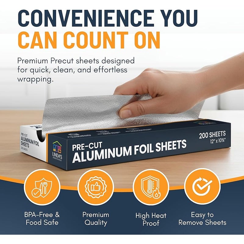 Arabest Pre-Cut Aluminum Foil Sheets 200 Count - Heavy Duty Foil Sheets For Food, 12” x 10.75”, Easy Dispense Packaging, Premium Tear Resistant Aluminum Sheet, Tin Foils Sheet for Cooking, Grilling & Storage - Image 2