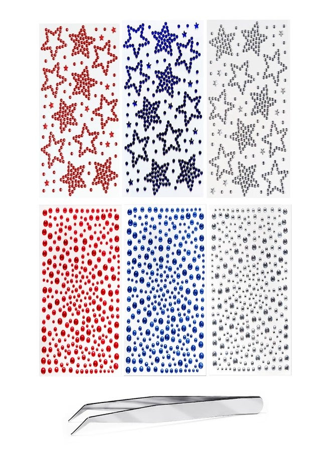 4th of July Self Adhesive Face Gems for Makeup, Red Blue Clear Festival Jewels, Hair Gems, Patriotic Star Rhinestone Stickers for Face, Eye, Makeup, Body (redwhiteblue_6pcs) - Image 1