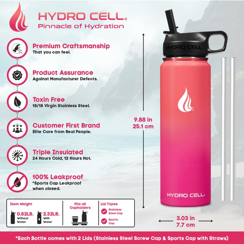 HYDRO CELL Stainless Steel Insulated Water Bottle with Straw - For Cold & Hot Drinks - Metal Vacuum Flask with Screw Cap and Modern Leakproof Sport Thermos for Adults (Coral/Punch 24oz) - Image 3