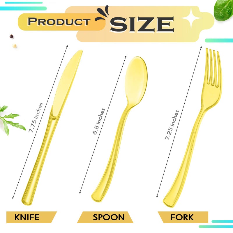 Minatee 150 Pieces Disposable Cutlery Set Plastic Silverware Heavy Duty Utensil Sets 50 Forks 50 Knives 50 Spoons for Home Office School Party Picnics Restaurant Outdoor Events or Every Day Use (Yellow) - Image 3