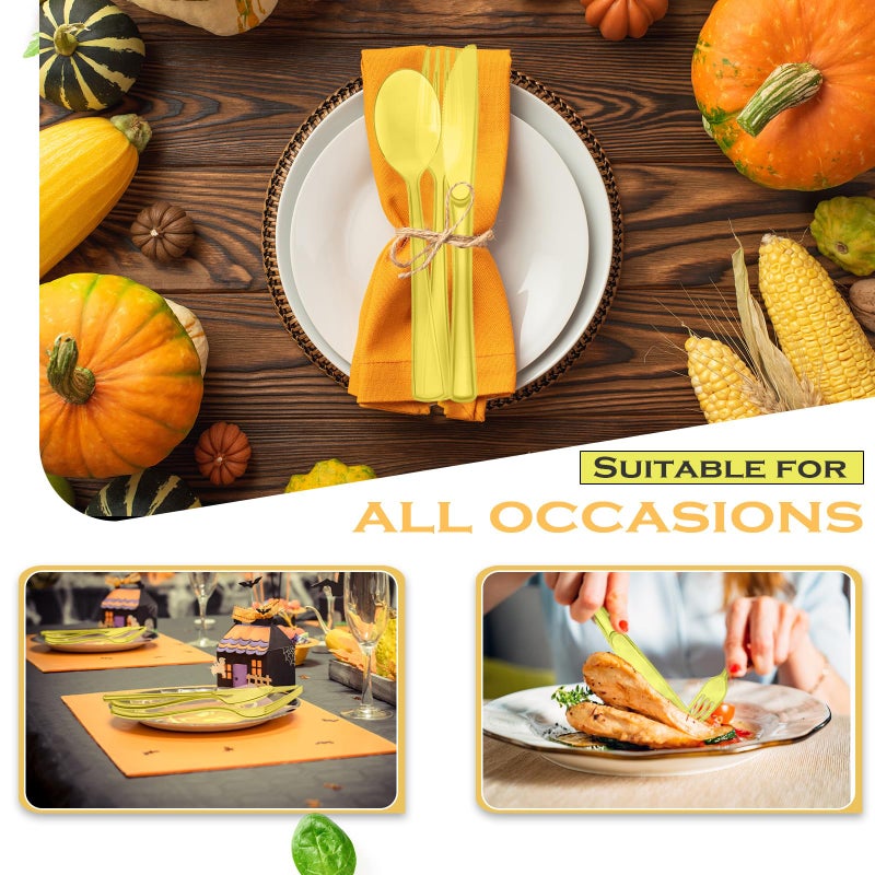 Minatee 150 Pieces Disposable Cutlery Set Plastic Silverware Heavy Duty Utensil Sets 50 Forks 50 Knives 50 Spoons for Home Office School Party Picnics Restaurant Outdoor Events or Every Day Use (Yellow) - Image 2