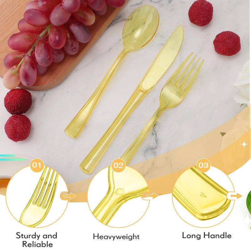 Minatee 150 Pieces Disposable Cutlery Set Plastic Silverware Heavy Duty Utensil Sets 50 Forks 50 Knives 50 Spoons for Home Office School Party Picnics Restaurant Outdoor Events or Every Day Use (Yellow) - Image 4