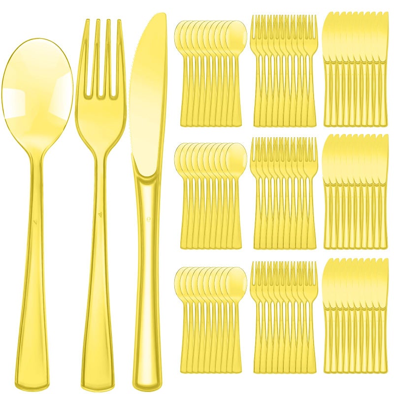 Minatee 150 Pieces Disposable Cutlery Set Plastic Silverware Heavy Duty Utensil Sets 50 Forks 50 Knives 50 Spoons for Home Office School Party Picnics Restaurant Outdoor Events or Every Day Use (Yellow) - Image 1