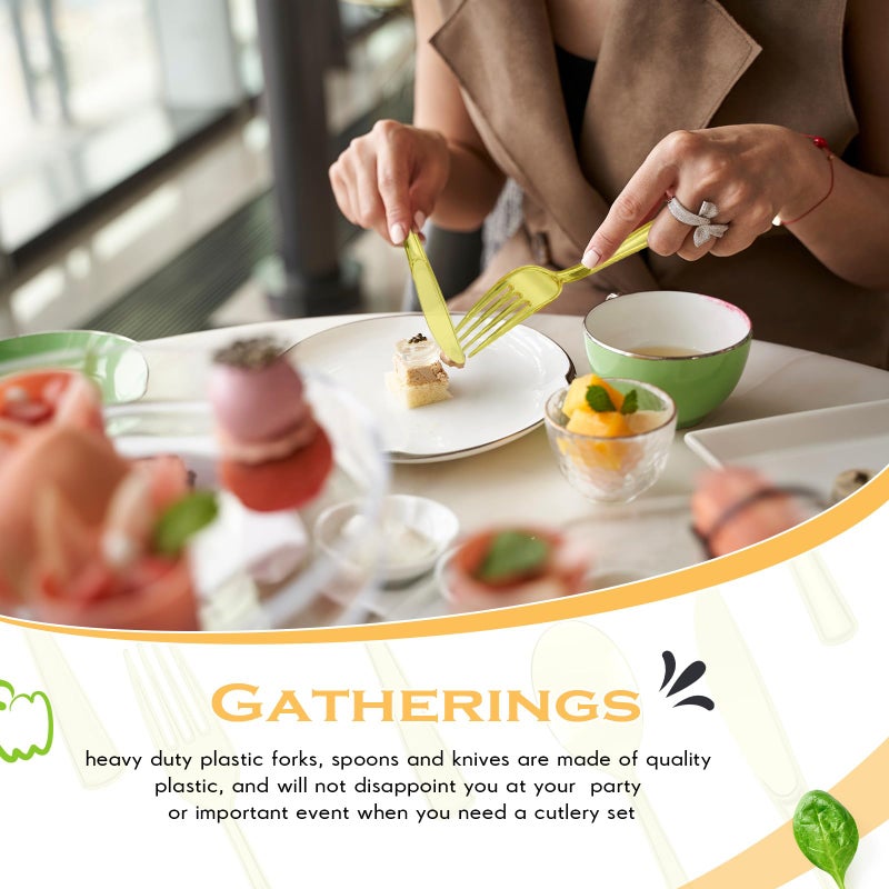 Minatee 150 Pieces Disposable Cutlery Set Plastic Silverware Heavy Duty Utensil Sets 50 Forks 50 Knives 50 Spoons for Home Office School Party Picnics Restaurant Outdoor Events or Every Day Use (Yellow) - Image 5