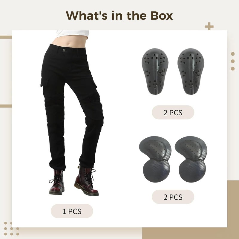 Women's Motorcycle Jeans with Protective Armored Pads, Black Riding Pants with Removable Knee and Hip Guards - Image 5