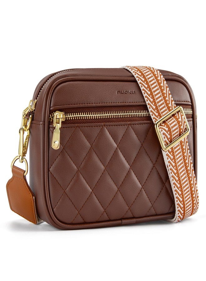 nuoku Quilted Crossbody Bags for Women Wallet Purse with Phone Pocket, Small Travel Purses Anti Theft, Wide Guitar Strap, Coffee - Image 1