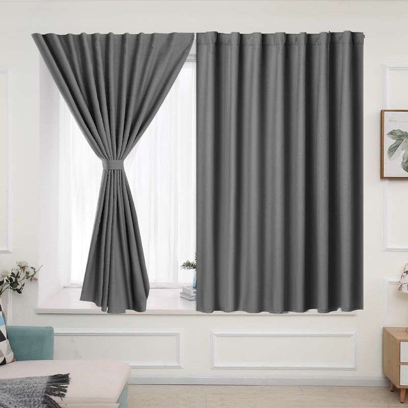 Muamar Velcro Blackout Curtains for Bedroom 2 Panels with Tiebacks(Grey  42"" W x 45"" L) Without Rods Small Curtains Kitchen Curtains Easy Install for Window  Bathroom Door Wardrobe  Cabinet Etc - Image 2