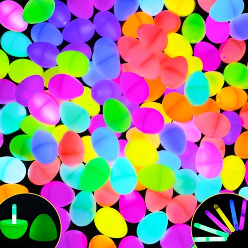 MGparty Glow in The Dark Easter Egg Hunt Set 144 Fillable Plastic Eggs with 288 Mini Glow Sticks for Kids Easter Basket Stuffers Party Favors Classroom Prizes and Game Supplies - Image 1