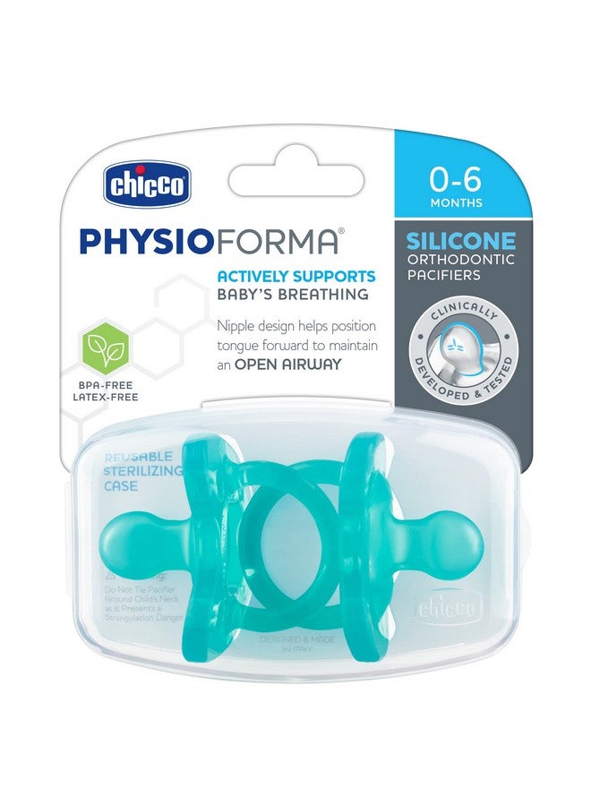Chicco Chicco PhysioForma 100% Soft Silicone One Piece Pacifier for Babies 0-6 Months, Teal, Orthodontic Nipple, BPA-Free, 2-Count in Sterilizing Case  - Image 1