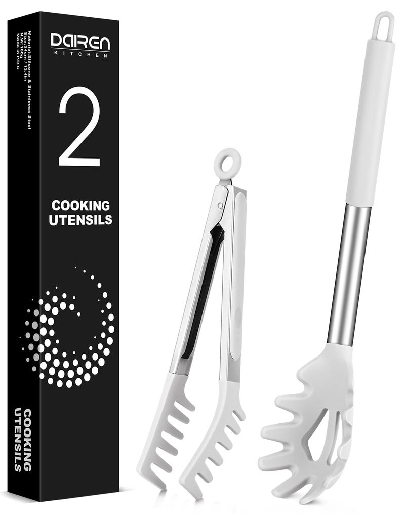 Spaghetti Spoon and Pasta Tong Nonstick Silicone Spoon Server Fork with teeth and Stainless Steel Handle Spaghetti Tong Food Clip for Spaghetti Noodle White