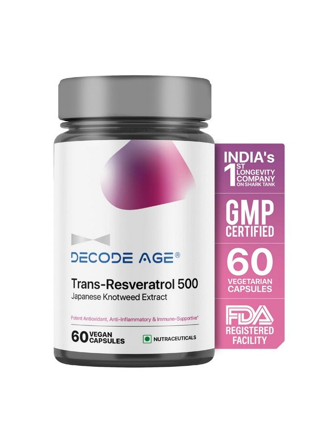 Decode Age Trans Resveratrol Supplement, Powerful Antioxidant for Anti-Ageing, Anti-Inflammatory, Metabolism & Heart Health, 500mg, 60 Veg Capsules - Image 1