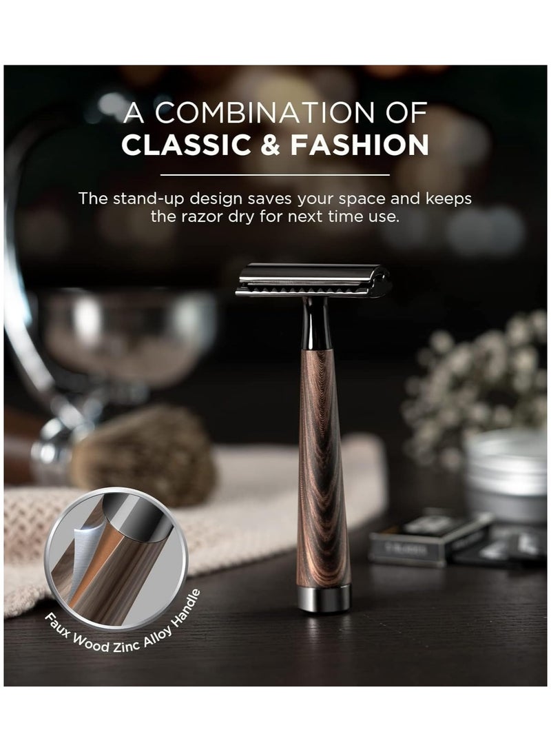 Double-edged manual shaver  imitation wood zinc alloy handle shaver with 10 Swiss stainless steel blades  heavy duty eco friendly safety shaver - Image 4