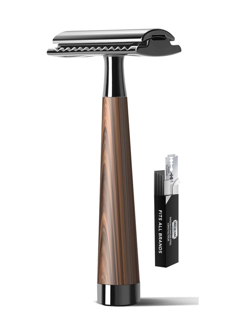 Double-edged manual shaver  imitation wood zinc alloy handle shaver with 10 Swiss stainless steel blades  heavy duty eco friendly safety shaver - Image 1