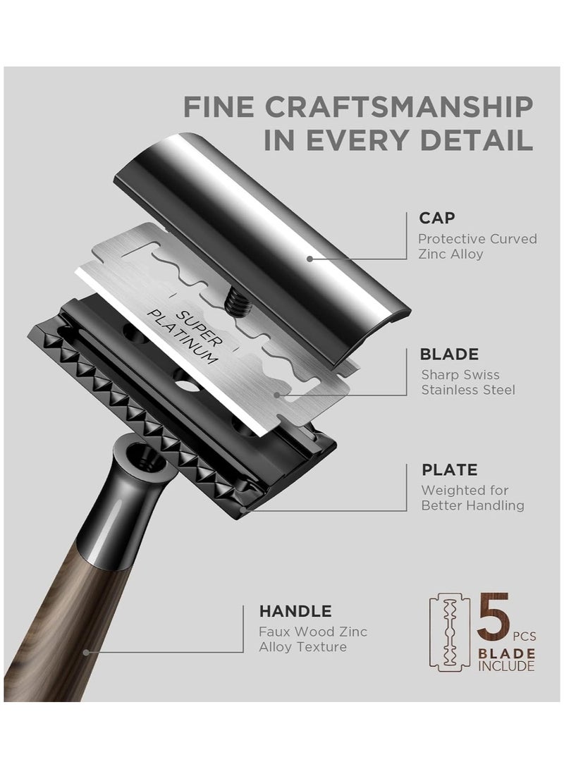 Double-edged manual shaver  imitation wood zinc alloy handle shaver with 10 Swiss stainless steel blades  heavy duty eco friendly safety shaver - Image 3
