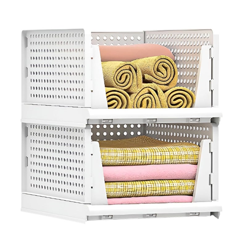 Kuber Industries Large 2 Pcs Stack it Up Cloth Stacker Foldable Shirt Storage Stacker for Wardrobe Plastic Stackable Closet Organizer White - Image 1
