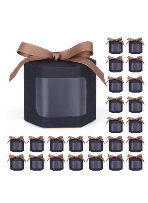 24 Hexagonal Gift Boxes with Lids and Display Windows, 3.9 x 3.9 x 3.9 Inches, Perfect for Crafting, Cakes, Candy, and Special Occasions, Black Color