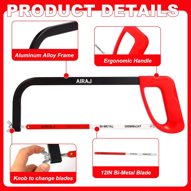 AIRAJ 12 In High-Tension Hacksaw with 24 TPI Bi-Metal Blade,Hand Saw Suitable for Metal, Wood, PVC - Image 3