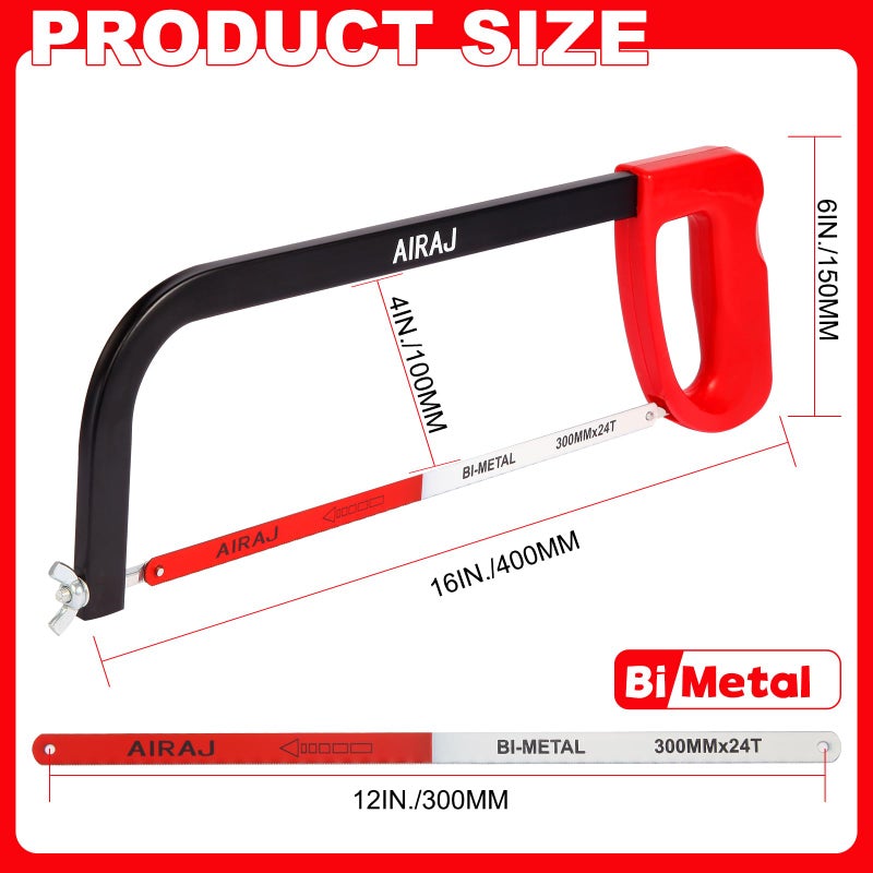 AIRAJ 12 In High-Tension Hacksaw with 24 TPI Bi-Metal Blade,Hand Saw Suitable for Metal, Wood, PVC - Image 2
