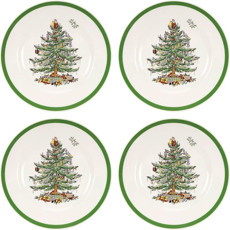 Spode Spode Christmas Tree 8 Salad Plate  Festive Holiday Stoneware Plate with Christmas Tree Design Green Bordered Edges Microwave Dishwasher Freezer Oven Safe  Collectible Holiday Tableware 