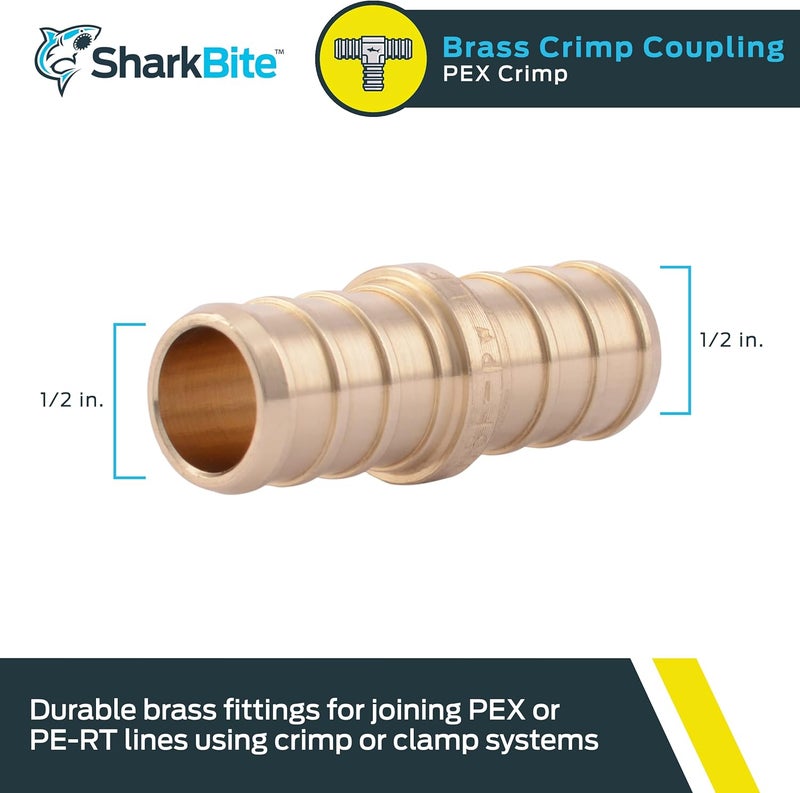 SharkBite 1/2 Inch Crimp Coupling, Brass Plumbing Fitting, PEX Pipe, PE-RT, UC008LFA - Image 2
