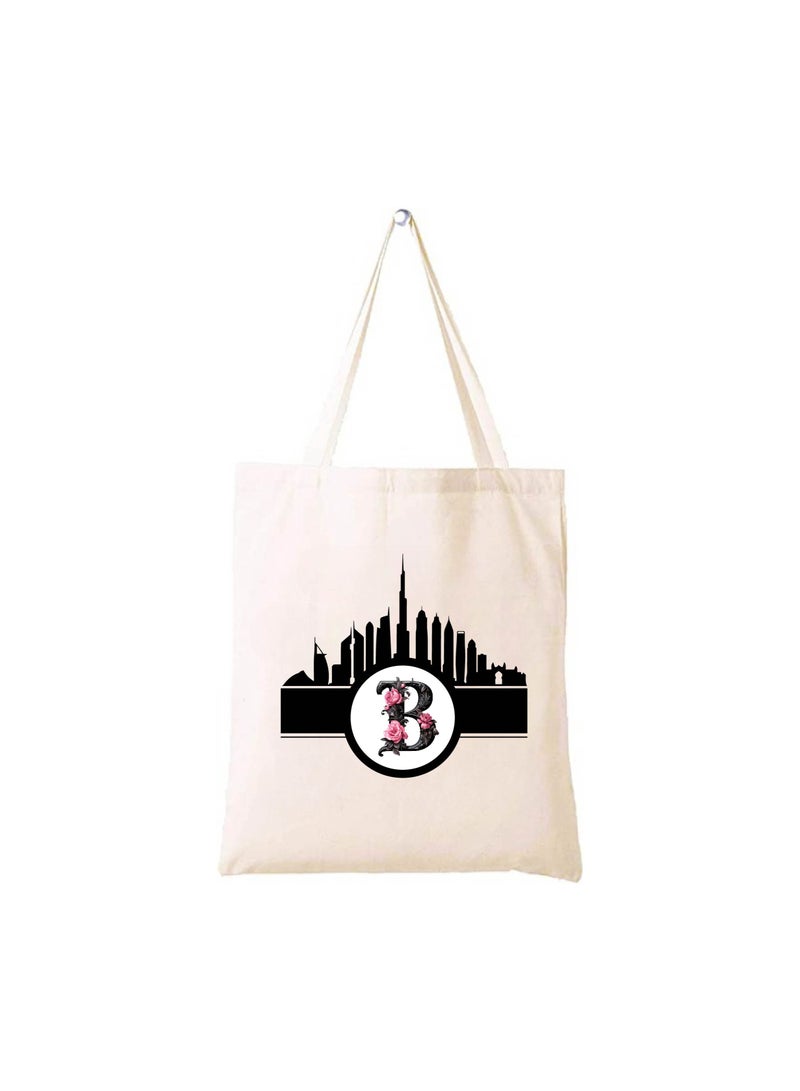Initial Monogram Cotton Tote Bag With Dubai Skyline Theme - Image 1