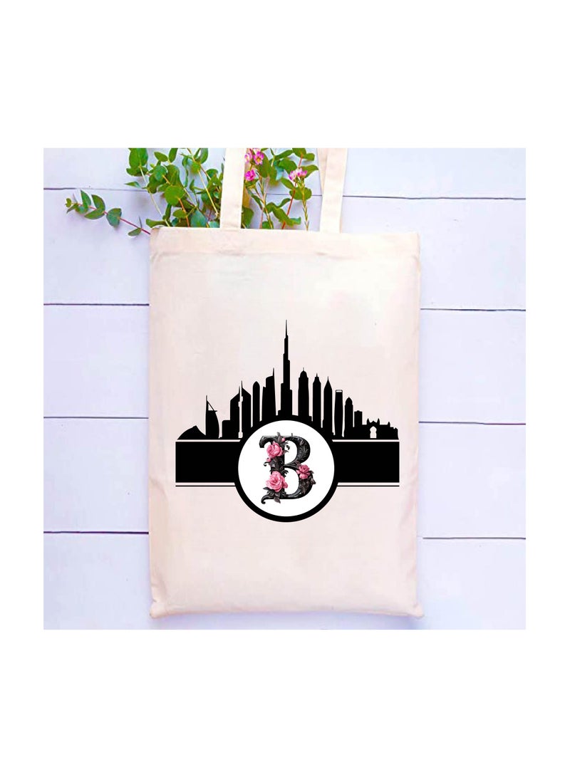 Initial Monogram Cotton Tote Bag With Dubai Skyline Theme - Image 2