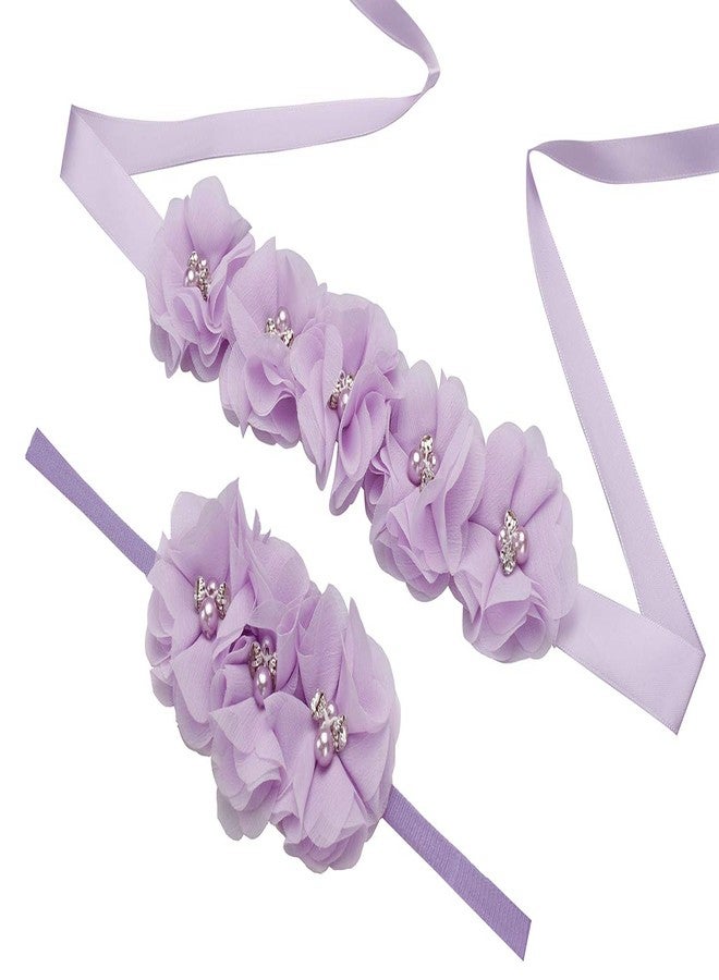 Lauthen.S Maternity Flower Sash Headband Set Women Girls Wedding Baby Shower Sash Belt Lavender - Image 2