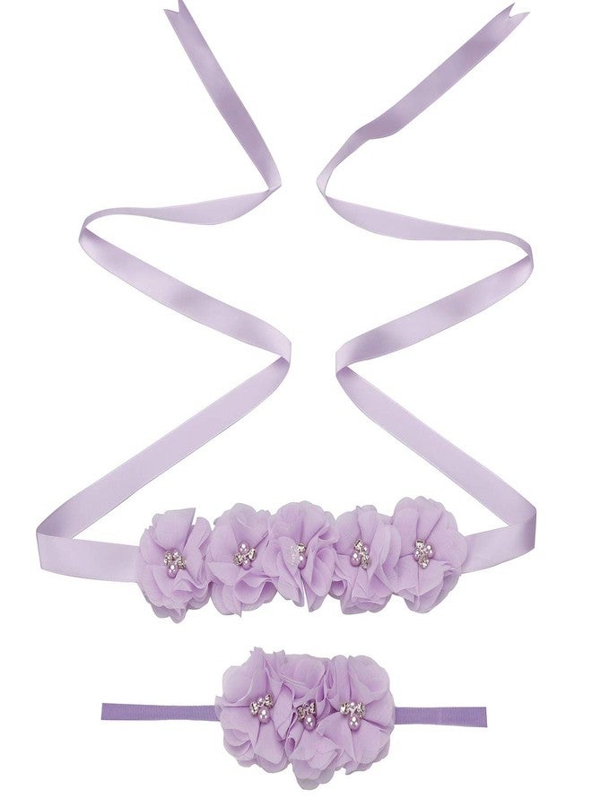 Lauthen.S Maternity Flower Sash Headband Set Women Girls Wedding Baby Shower Sash Belt Lavender - Image 1